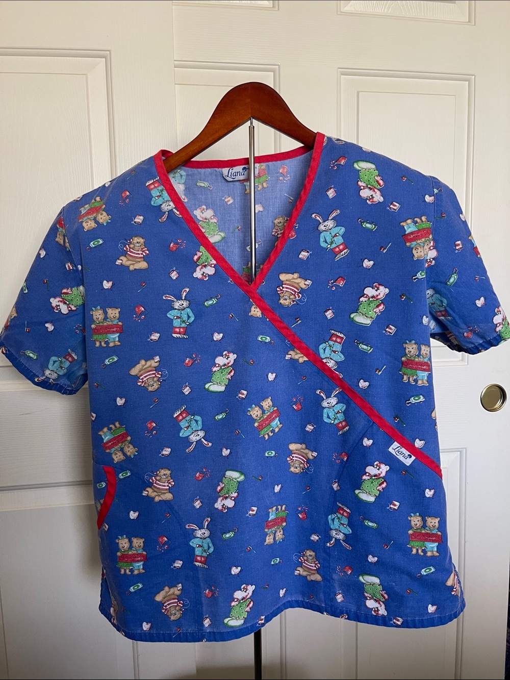 Martina Liana Blue Wrap Scrub Top with Red Trim